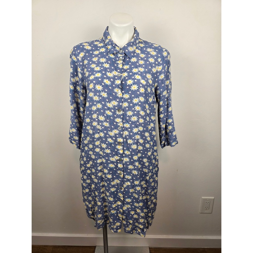 April Cornell Blue Daisy Floral Polka Dot Rayon Shirt Dress‎ 3/4 Sleeve Womens M